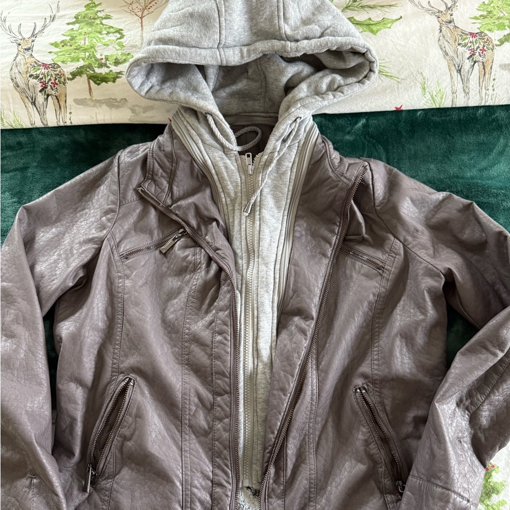 Faux Leather Jacket with Gray Hoodie
